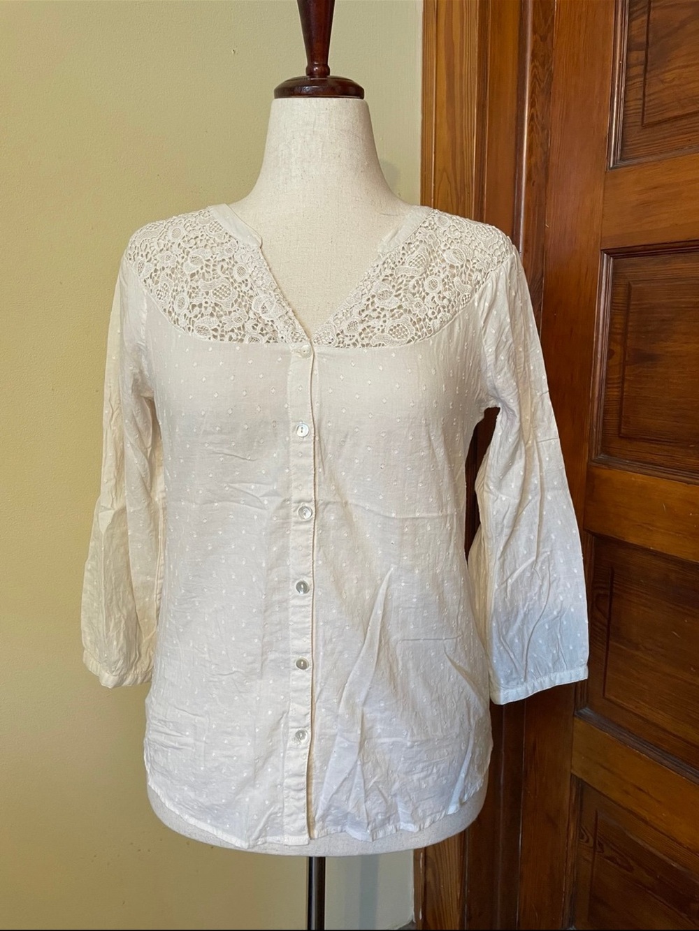 Lucky Brand White Lace Yoke Button-Front Blouse